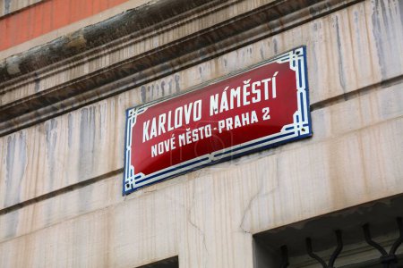 Prague street name sign - Karlovo Namesti square. Prague city, Czech Republic.