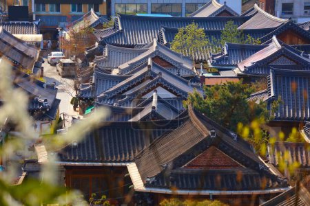 Jeonju Hanok Village townscape in South Korea. Neighborhood of traditional Korean wooden architecture.