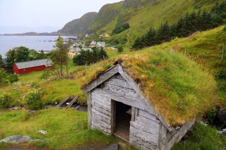 Wooden shelter for sheep and herders in Runde Island, Norway. Traditional grass sod roof.