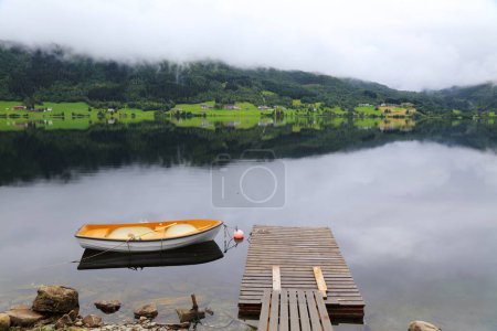 Lake landscape in Oppheim, Norway. Beautiful landscape of Oppheimsvatnet in Vestland county.