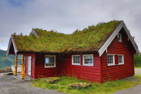 Norway sod roof traditional wooden cabin. Norwegian traditional architecture in Sogn district of Vestland county.