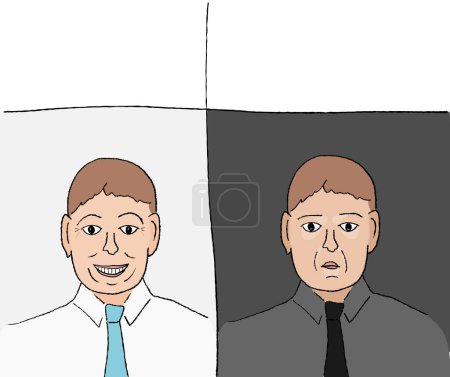 Illustration for Funny meme template for social media sharing. Smiling office man and displeased serious face reaction. - Royalty Free Image