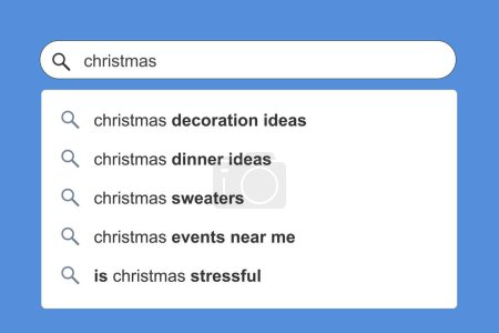 Illustration for Christmas topics search results. Christmas online search engine autocomplete suggestions. - Royalty Free Image