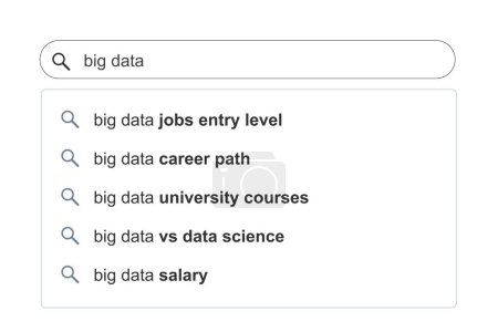 Illustration for Big data topics search results. Big data education and jobs concept online search engine autocomplete suggestions. - Royalty Free Image