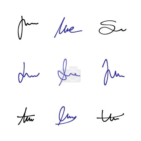 Illustration for Handwriting signature set. Vector pack with isolated imaginary personal handwriting scribble signatures. - Royalty Free Image
