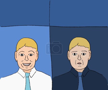 Illustration for Funny meme template for social media sharing. Smiling office man and dead inside serious face reaction. - Royalty Free Image