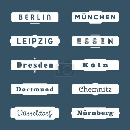Téléchargez les illustrations : German city name stylized word badges. Text signs with city names of Berlin, Munich, Leipzig, Essen, Dresden, Koeln, Dortmund, Chemnitz, Dusseldorf and Nuremberg. - en licence libre de droit