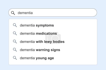 Illustration for Dementia topics search results. Dementia mental health concept online search engine autocomplete suggestions. - Royalty Free Image