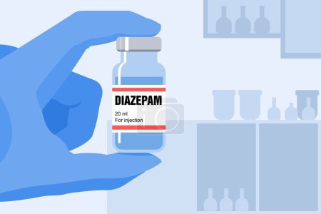 Illustration for Diazepam generic drug name. It is a benzodiazepine anxiolytic medication, used to treat  anxiety, seizures, alcohol withdrawal syndrome, muscle spasms and insomnia. Medicine vial illustration. - Royalty Free Image