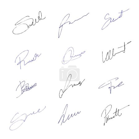 Téléchargez les illustrations : Handwriting business signature set. Vector pack with isolated imaginary personal handwriting scribble signatures. - en licence libre de droit