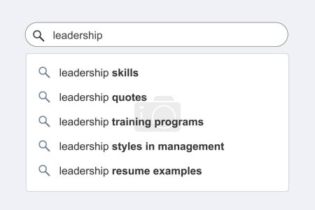 Illustration for Leadership topics search results. Leadership skills concept online search engine autocomplete suggestions. - Royalty Free Image