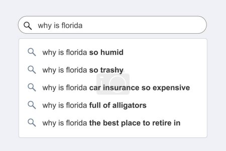 Illustration for Florida concepts - questions about Florida. Funny search engine suggestions and results. - Royalty Free Image