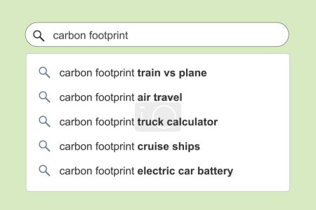 Illustration for Carbon footprint in transportation topics search results. Carbon footprint environment concept online search engine autocomplete suggestions. - Royalty Free Image