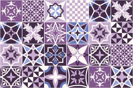 Illustration for Provence style French tiles design. Lavender color. Mediterranean ceramic tile set with various ornaments. Seamless pattern. - Royalty Free Image