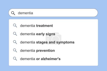 Illustration for Dementia topics search results. Dementia treatment and stages concept online search engine autocomplete suggestions. - Royalty Free Image