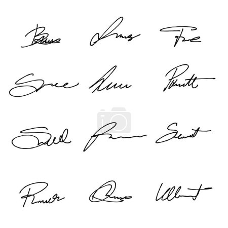 Illustration for Handwriting signature set. Vector pack with isolated imaginary personal handwriting scribble signatures. - Royalty Free Image