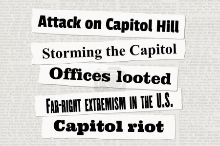 El Capitolio de Estados Unidos ataca titulares de noticias. Recortes de periódicos sobre la irrupción en el Capitolio y los disturbios del Capitolio.