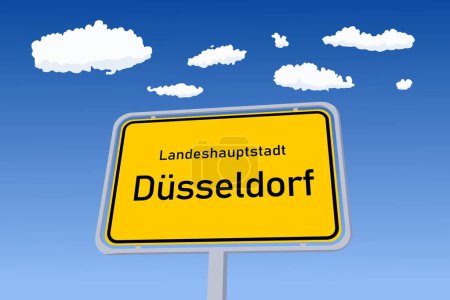 Téléchargez les illustrations : Panneau de ville de Düsseldorf en Allemagne. Limite de la ville signe de bienvenue. Landeshauptstadt signifie capitale de l'État en langue allemande. - en licence libre de droit