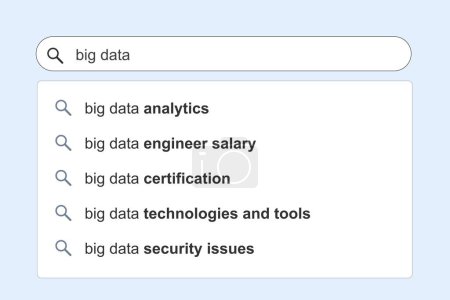 Illustration for Big data topics search results. Big data IT concept online search engine autocomplete suggestions. - Royalty Free Image