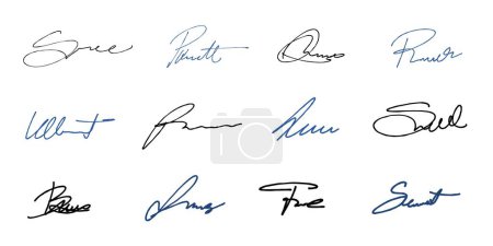 Handwriting isolated signature set. Vector pack with isolated imaginary personal handwriting scribble signatures.