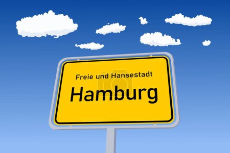 Téléchargez les illustrations : Panneau de Hambourg en Allemagne. Limite de la ville signe de bienvenue. Freie und Hansestadt signifie Ville libre de la Ligue hanséatique en langue allemande. - en licence libre de droit