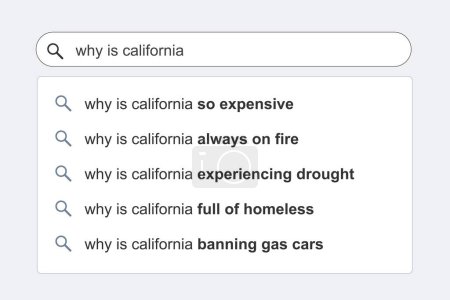 California concept - Fragen über Kalifornien. Lustige Suchmaschinenvorschläge und Ergebnisse.