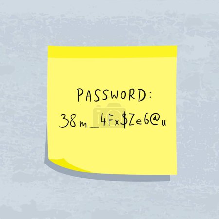 Mot de passe difficile avec caractères spéciaux. Message jaune collant. Papier signe.