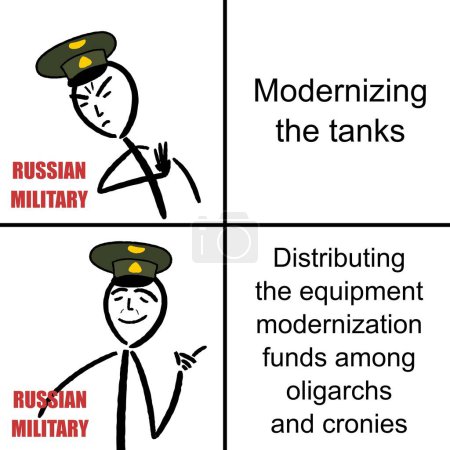 Illustration for Russian invasion of Ukraine - outdated equipment problem, corruption issues. Funny meme for social media sharing. - Royalty Free Image