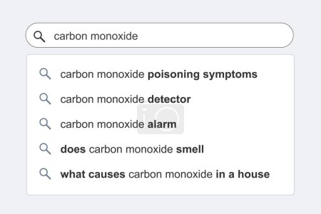 Ilustración de Resultados de búsqueda de monóxido de carbono. Concepto de monóxido de carbono motor de búsqueda en línea autocompletar sugerencias. - Imagen libre de derechos