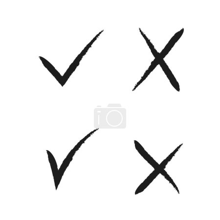 Illustration for Check mark and X cross hand drawn symbol set. Grunge design elements for correct and incorrect answer. - Royalty Free Image