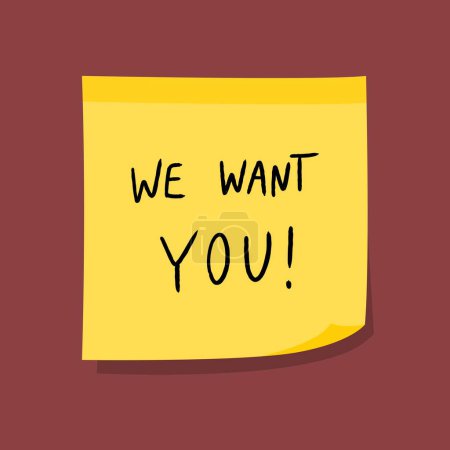 Illustration for We want you. Company hiring career concept. Yellow sticky note message. Paper sign. - Royalty Free Image