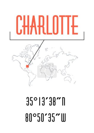 Illustration for Charlotte poster or t-shirt graphic design. City coordinates and world map location typography. Creative minimal poster design. - Royalty Free Image