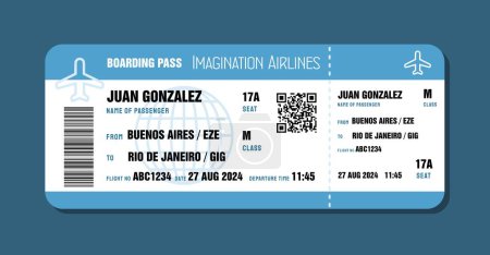 Illustration for Ticket to Rio de Janeiro, Brazil from Argentina. Boarding pass template with generic data. Travel flight ticket vector illustration with QR code. - Royalty Free Image