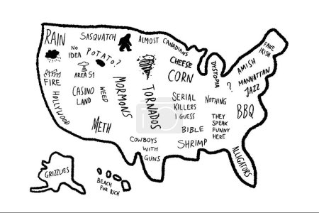 Meme-Karte von Amerika. Lustige Stereotype USA-Karte nach Touristen.