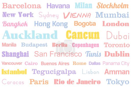 Grafische Gestaltung von Reisehintergründen. Stadtname Wörter bunte Typografie Muster für ein rechteckiges Produkt.