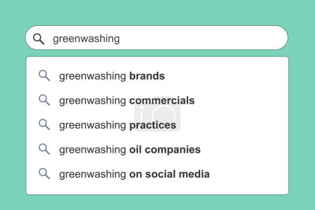 Greenwashing von Unternehmensmarketing und Werbung. Greenwashing-Konzept Online-Suchmaschine autocomplete Vorschläge.