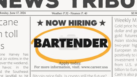 Bartender - job offer. Newspaper classified ad career opportunity. Hiring new employees.