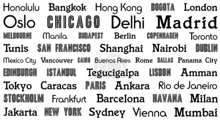 Travel background graphic design. City name words black white typography pattern for a rectangular product.