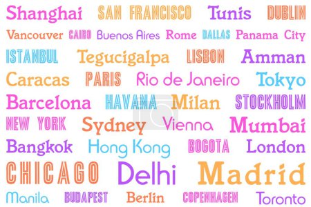 Travel background graphic design. City name words colorful typography pattern for a rectangular product.