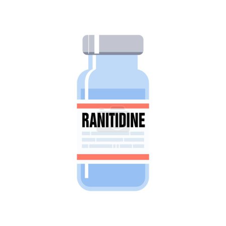 Ilustración de Ranitidine nombre genérico de la droga. Medicamentos utilizados para disminuir la producción de ácido estomacal. Se utiliza para tratar la úlcera péptica y la enfermedad por reflujo gastroesofágico. Ilustración vial de medicina. - Imagen libre de derechos