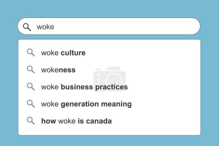 Wokness und Weckkultur. Wokeness Konzept Online-Suchmaschine autocomplete Vorschläge.