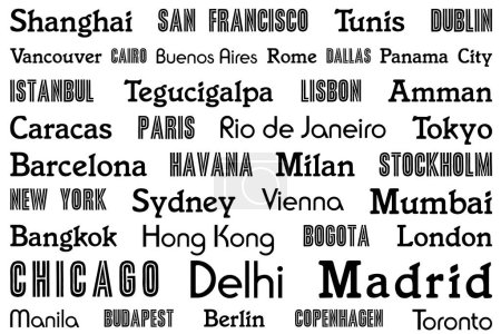 Design de noms de villes du monde. Concept de destination voyage pour paillasson, nappe ou drap de lit.