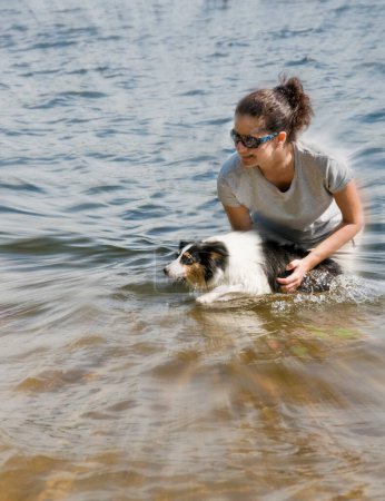 Foto de Joven mujer madura jugando con su perro pastor en el agua - película - Imagen libre de derechos