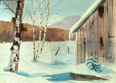 Foto de Obra de arte de un granero de invierno canadiense con río en acuarela. (Soy el único autor de esta obra de arte) - Imagen libre de derechos