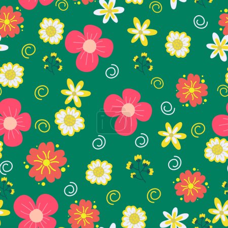 Téléchargez les photos : Motif floral sans couture sur fond vert, illustration vectorielle - en image libre de droit