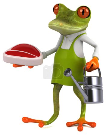 Téléchargez les photos : Amusant jardinier grenouille avec de la viande - Illustration 3D - en image libre de droit