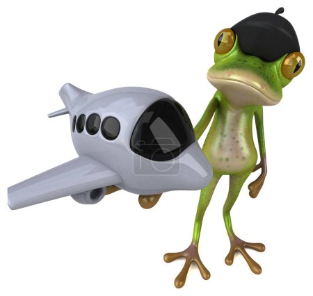 Téléchargez les photos : Grenouille française amusante avec avion - Illustration 3D - en image libre de droit