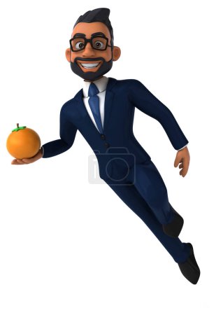 Téléchargez les photos : Amusant dessin animé 3D illustration d'un homme d'affaires indien avec orange - en image libre de droit