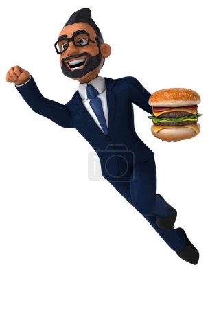 Téléchargez les photos : Fun 3D cartoon illustration of an indian businessman with burger - en image libre de droit