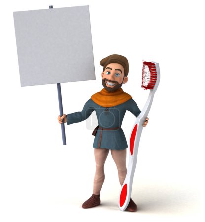 Téléchargez les photos : Fun 3D dessin animé homme médiéval avec brosse à dents - en image libre de droit